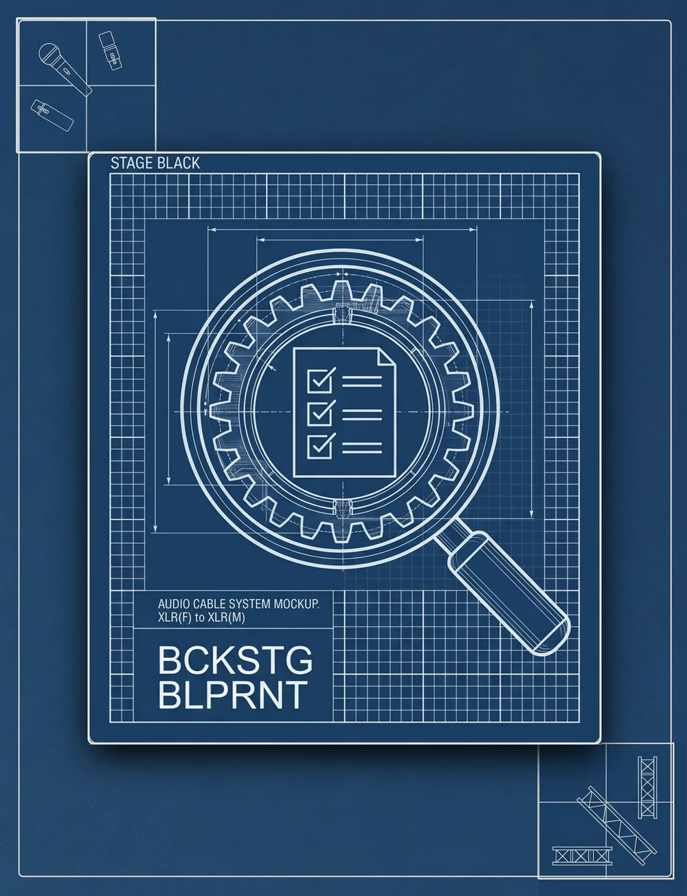 Audit cover — magnifier over a systems checklist schematic